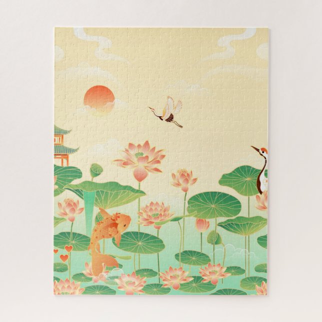 Quebra-cabeça Jardim Japonês Koi Pond e Waterlily Art (Vertical)