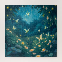 Jardim noturno com flores e vagalumes