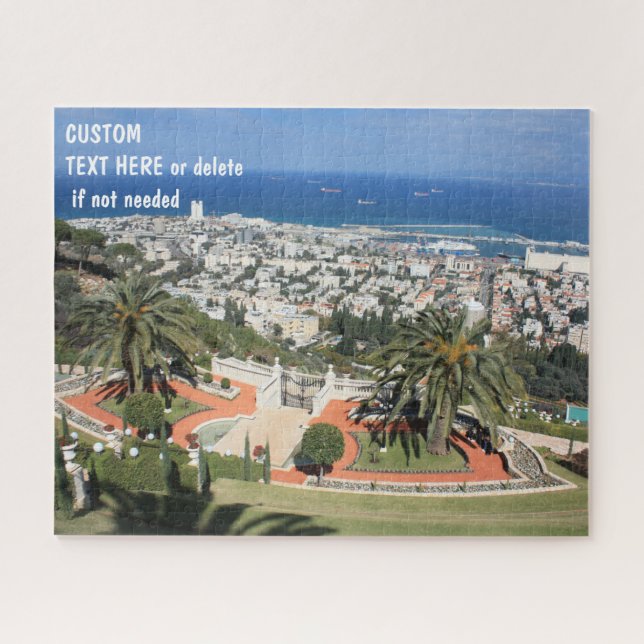Quebra-cabeça Jardins Baha'i em Haifa, Israel, texto personaliza (Horizontal)
