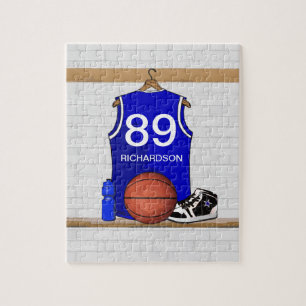 Quebra-cabeça Jérsei azul e branco personalizado do basquetebol