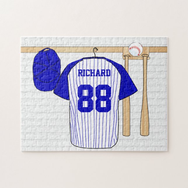 Quebra-cabeça Jérsei de basebol azul e branco personalizado (Horizontal)