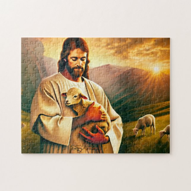 Quebra-cabeça Jesus e o Cordeiro Conforto Divino Cristão (Horizontal)