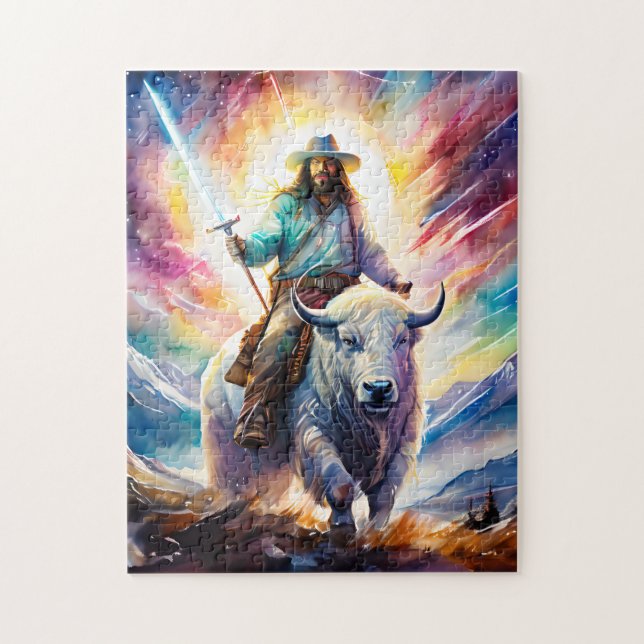 Quebra-cabeça Jesus em Búfalo Branco com Espada Leve (Vertical)