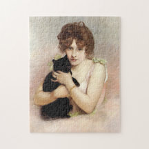 Jovem Mulher Segurando Gato Preto Pintura de Baila