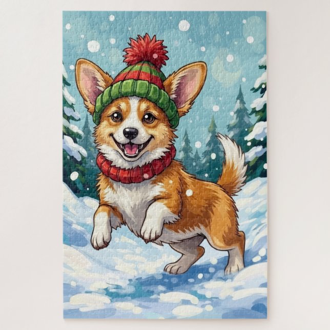 Quebra-cabeça Joyful Corgi Dog Bouncing in Snow with Pom Pom (Vertical)