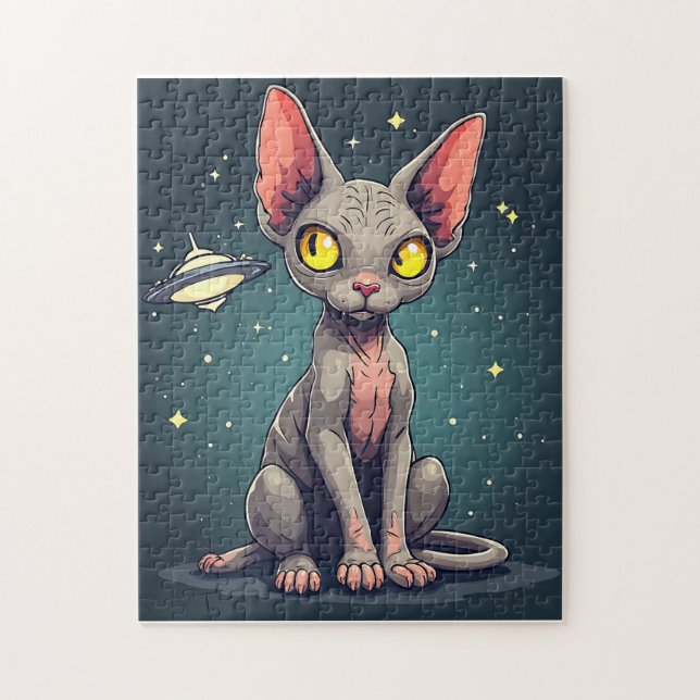 Quebra-cabeça Judging Sphynx Cat UFO Space Cartoon Art (Vertical)