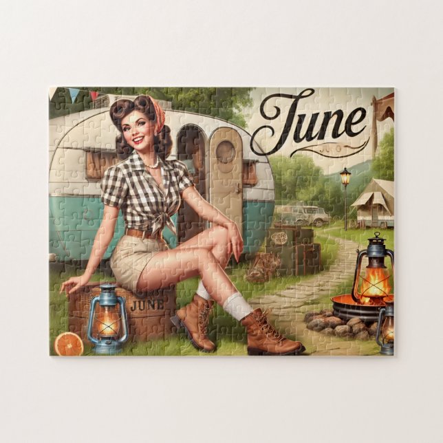 Quebra-cabeça June Retro Summer Camping Pin-Up Girl  (Horizontal)