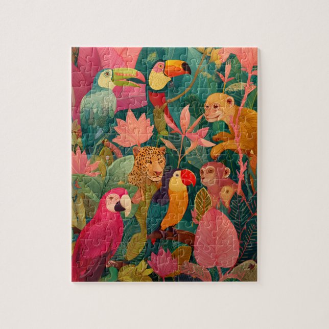 Quebra-cabeça Jungle Puzzle – Leopard, Parrot, Toucan & Monkey (Vertical)