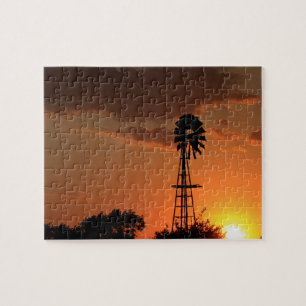 Quebra-cabeça Kansas Sunset com silhueta de fazenda para moinho