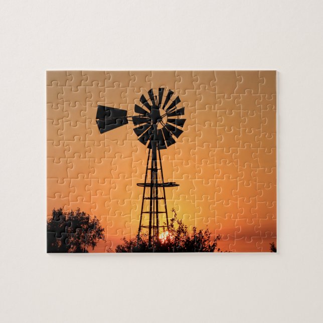 Quebra-cabeça Kansas Sunset com silhueta de fazenda Windmill (Horizontal)