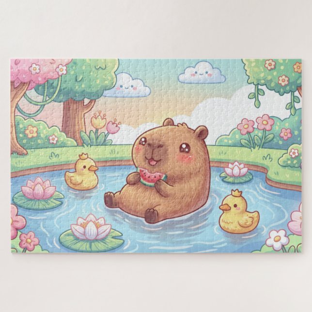 Quebra-cabeça Kawaii capy in a pond (Horizontal)