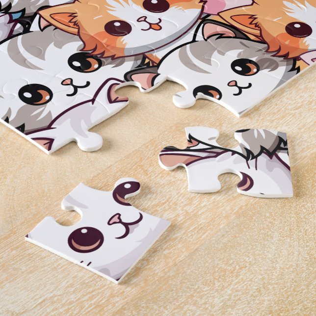 Quebra-cabeça Kawaii Cat feline Kitten rosto rabisco impressão (Lateral)