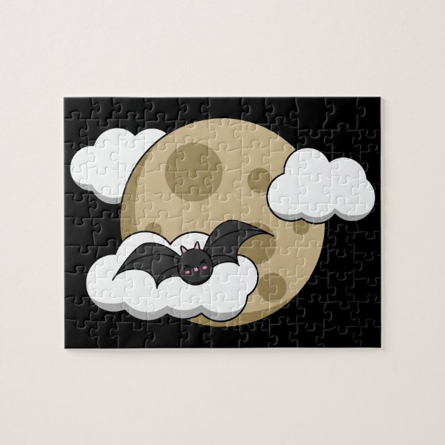 Quebra-cabeça Kawaii Happy Bat Voando em Lua Cheia (Horizontal)