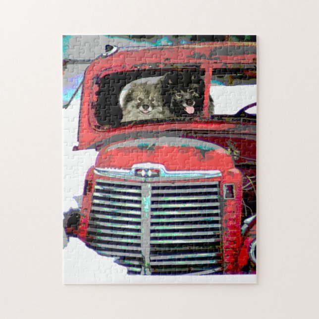 Quebra-cabeça Keeshond Christmas Old Truck Painting Art (Vertical)