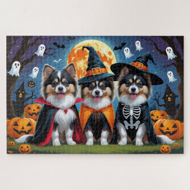 Quebra-cabeça Keeshond Dogs Pumpkin Halloween Engraçado (Horizontal)