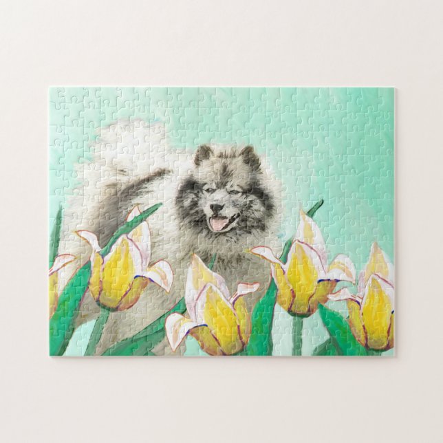 Quebra-cabeça Keeshond em Tulips pintando lindas artes caninas o (Horizontal)