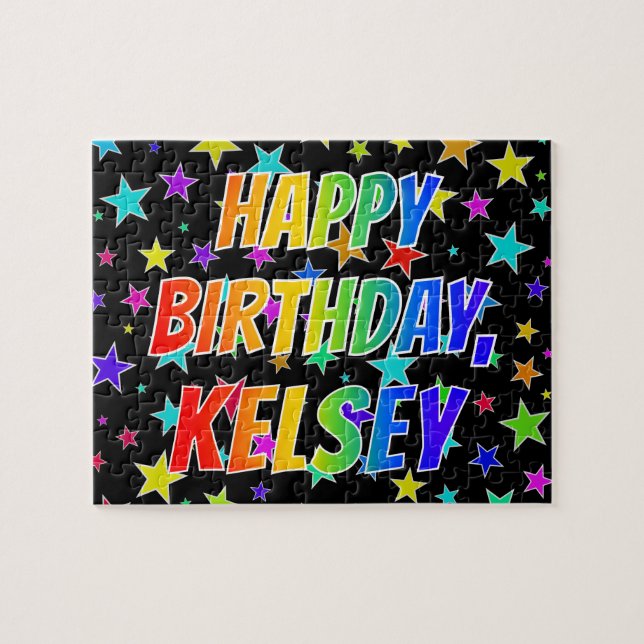 Quebra-cabeça "KELSEY" Primeiro Nome, Diversão "FELIZ ANIVERSÁRI (Horizontal)