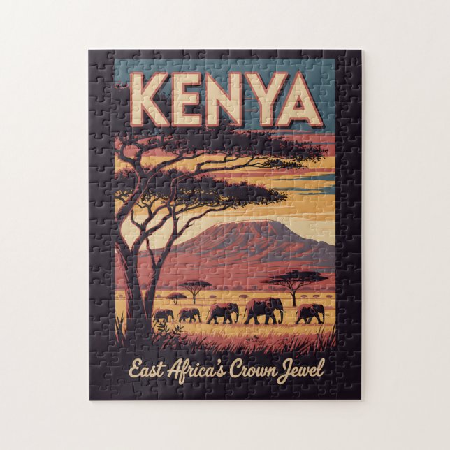 Quebra-cabeça Kenya Elephants Illustration Travel Art Vintage (Vertical)