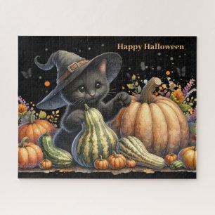 Quebra-cabeça Kitten da Bruxa Negra do Halloween W/ Pumpkins Gou