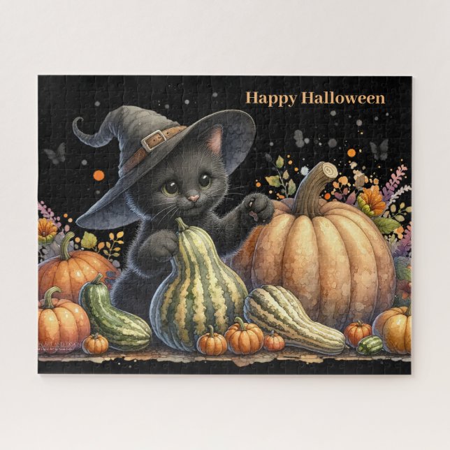 Quebra-cabeça Kitten da Bruxa Negra do Halloween W/ Pumpkins Gou (Horizontal)