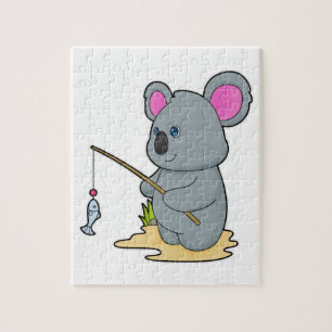 Quebra-cabeça Koala como pescador com cana de pesca e peixe