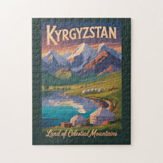 Quebra-cabeça Kyrgyzstan Mountains Illustration Travel Art Vinta
