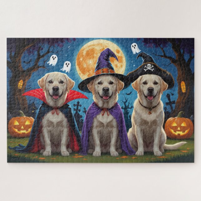 Quebra-cabeça Labrador Dogs Pumpkin Halloween Engraçado (Horizontal)