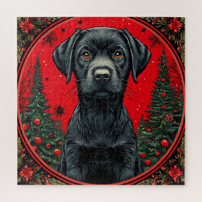 Quebra-cabeça Labrador Preto de Natal com Árvores Festivas (Vertical)