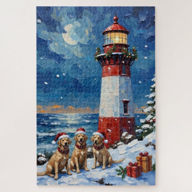 Quebra-cabeça Labrador Retriever Christmas Lighthouse Holiday (Vertical)