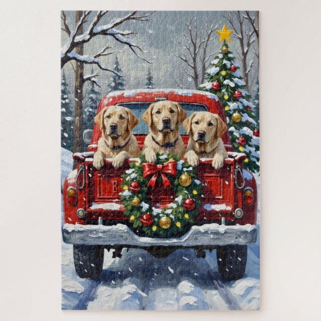Quebra-cabeça Labrador Retriever Christmas Red Truck Holiday (Vertical)