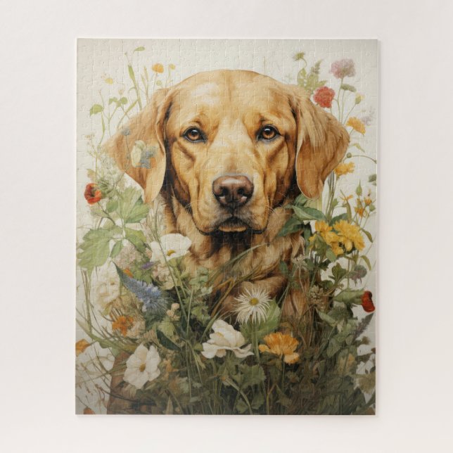 Quebra-cabeça Labrador Retriever dourado e flores silvestres (Vertical)
