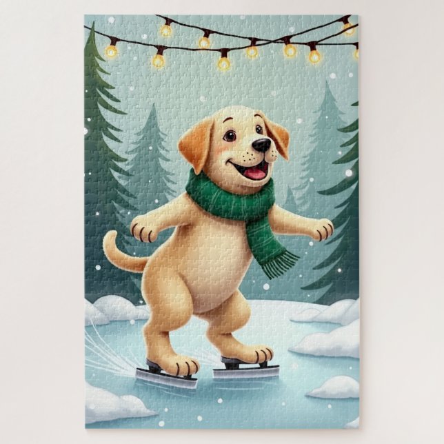 Quebra-cabeça Labrador Retriever Ice Skating Christmas Painting (Vertical)