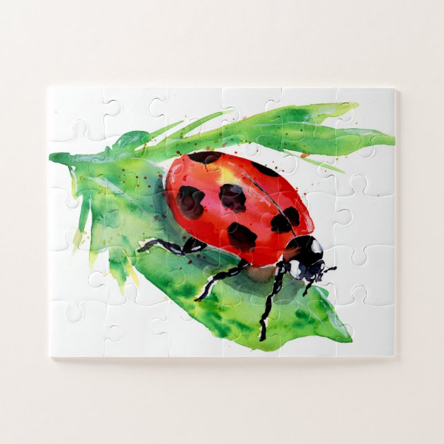 Quebra-cabeça Lady Bug em uma Aquarela Verde Folha (Horizontal)