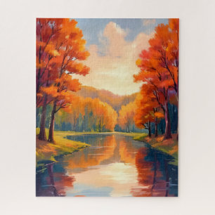 Quebra-cabeça Lago de Outono Aquarela da Natureza com Folhagem