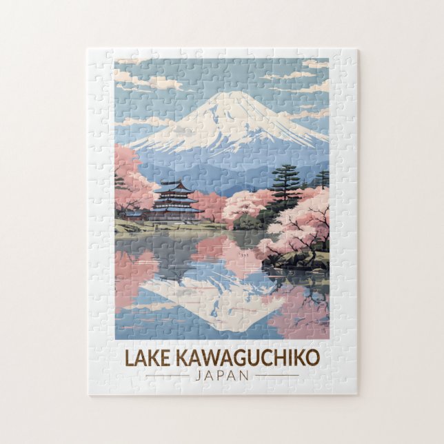 Quebra-cabeça Lago Kawaguchiko Japão Viagem Art Vintage (Vertical)