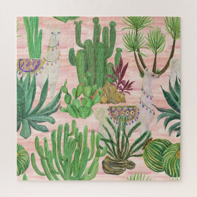 Quebra-cabeça Lamas de aquarelas e cactos. (Vertical)