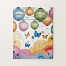 Lâmpadas de Papel Coloridas e Borboletas Jigsaw Pu