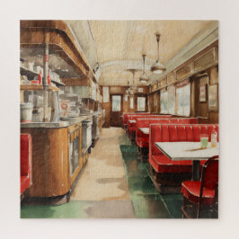 Quebra-cabeça Lanchonete Americana retrô dos anos 50 em aquarela