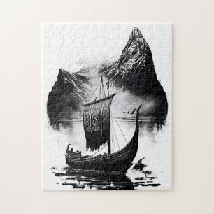 Quebra-cabeça Lápis tinta aquarela do navio dragão Viking. Vela