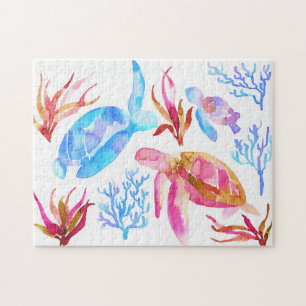 Quebra-cabeça Laranja e Blue Watercolor Tartarugas Corais