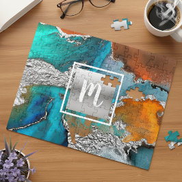 Quebra-cabeça Laranja-prateada-cor-de-água-mácula monograma