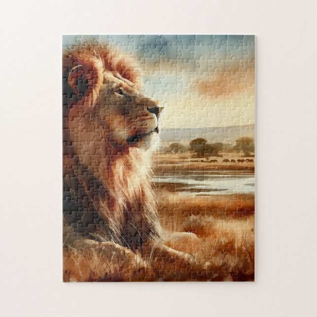 Quebra-cabeça Leão de Aquarela na Savana (Vertical)