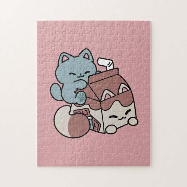 Quebra-cabeça Leite de Chocolate Kawaii Gato – Bebida Aconchegan (Vertical)