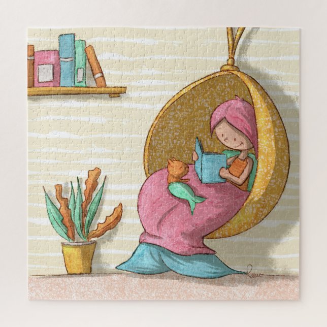 Quebra-cabeça Leitura de Sereia Cozy com Sereia Cat Ilustrada (Vertical)