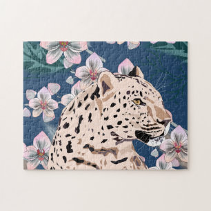 Quebra-cabeça Leopardo e Orquídea Rosa.