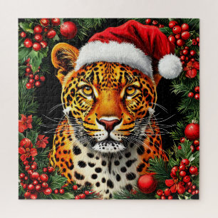 Quebra-cabeça Leopardo Festivo Usando Chapéu de Papai Noel