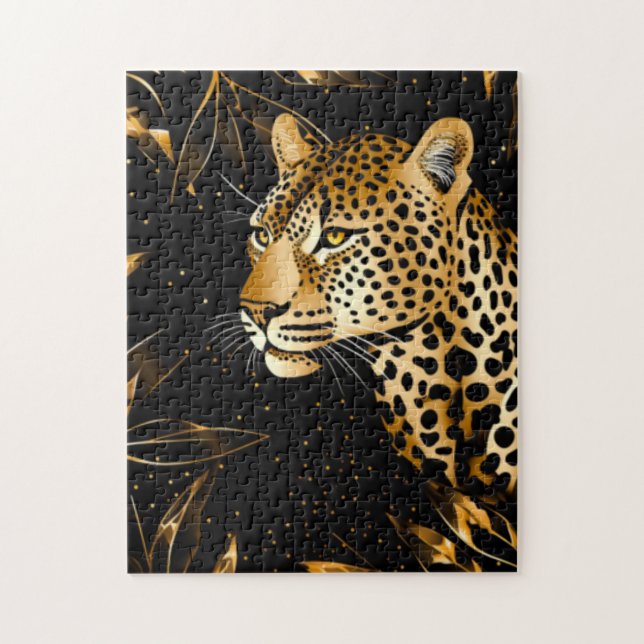 Quebra-cabeça Leopardo Guepardo Preto Dourado Folhas Safari da S (Vertical)