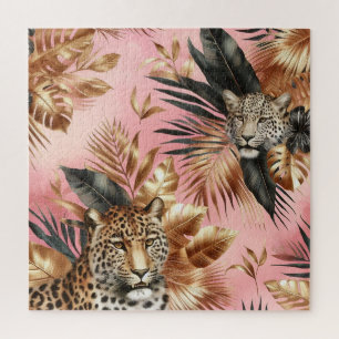 Quebra-cabeça Leopardo Preto e Dourado Fundo Rosa