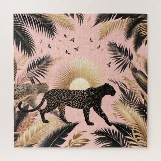 Quebra-cabeça Leopardo Preto e Dourado Fundo Rosa (Vertical)