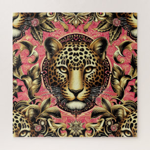 Quebra-cabeça Leopardo Preto e Dourado Fundo Rosa
